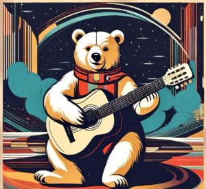 "Adorable bear musician playing musical scales on a guitar, adding a whimsical touch to the musical journey."