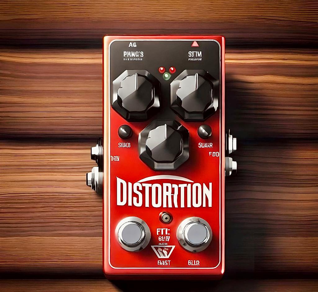 red distortion pedal on a rustic wooden background