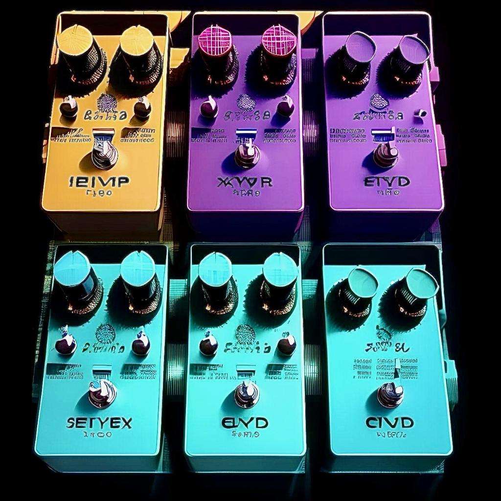 DIY pedalboard featuring vibrant turquoise, yellow, and violet purple distortion pedals on a sleek black background