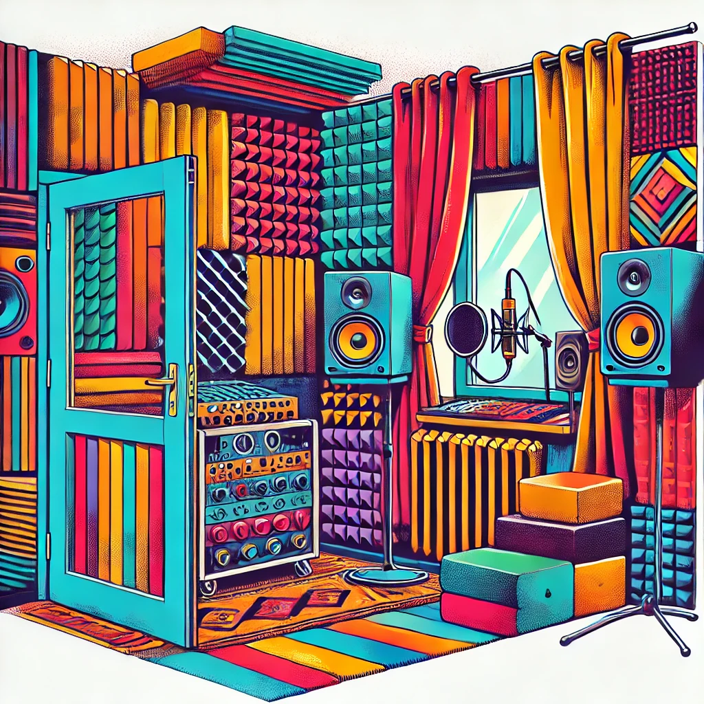 Colorful illustration of a DIY soundproofing setup for a recording space, featuring bright acoustic panels, bass traps, rich-toned curtains, patterned rugs, sealed doors with weatherstripping, and isolation pads under microphones and speakers.