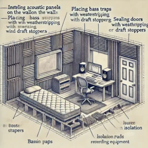 “Blueprint-style diagram of a DIY soundproofing setup for a recording space, featuring labeled sections for acoustic panels on the walls, bass traps in corners, heavy curtains over windows, door seals with weatherstripping and draft stoppers, thick rugs or carpets on the floor, and isolation pads under recording equipment.”